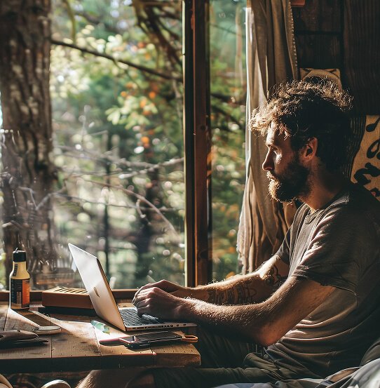 man-sits-cabin-with-laptop-bottle-bee